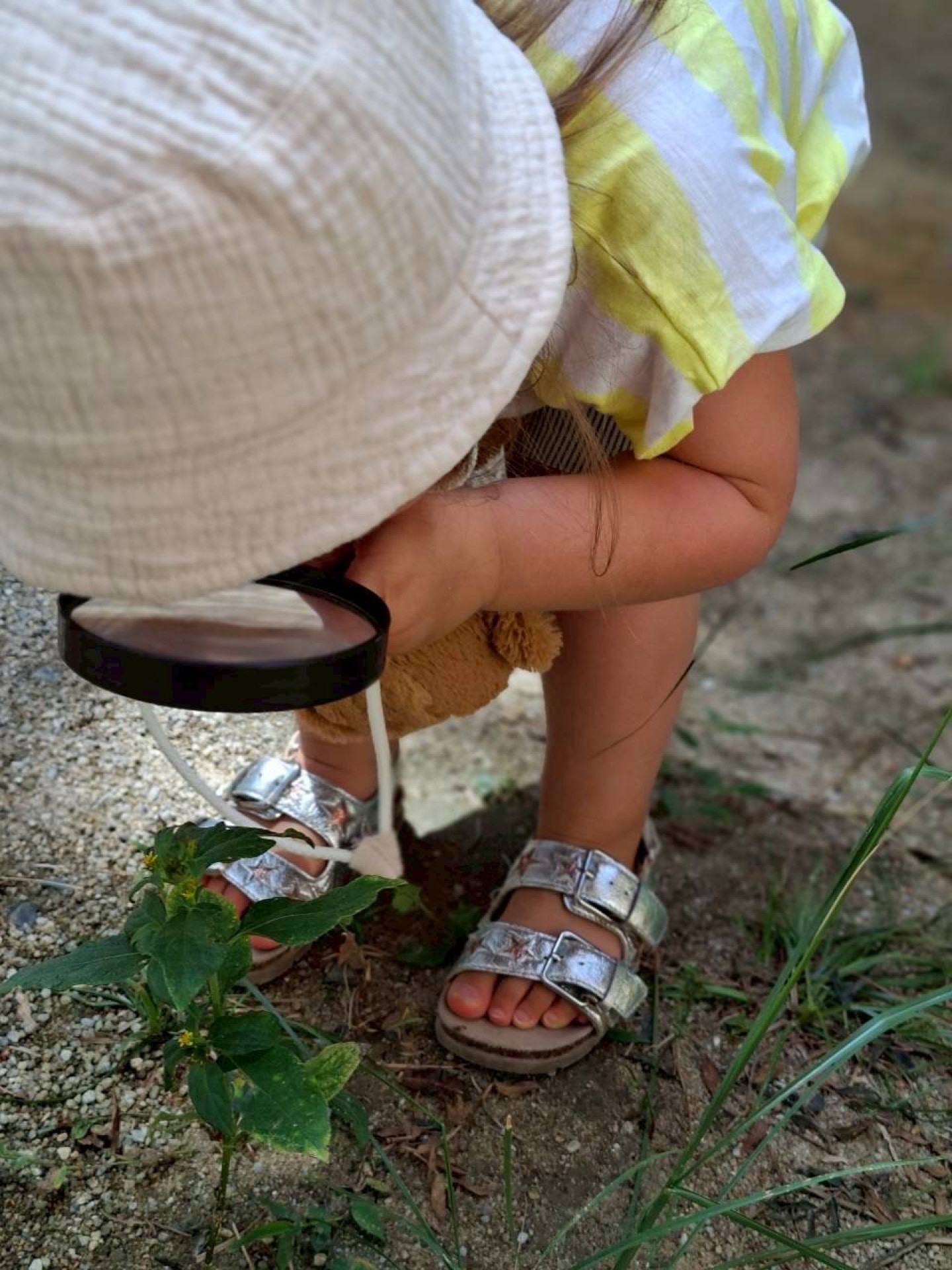 Child examining a plant up close with a magnifying glass